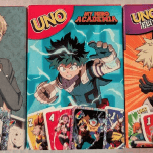Three UNO game boxes with anime characters: left shows a man in a suit, middle features Izuku Midoriya in a blue outfit, right shows Bakugo in orange and black gear.
