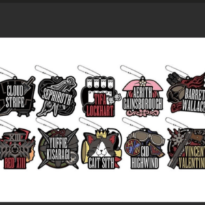 Collection of Final Fantasy VII character patches featuring Cloud Strife, Sephiroth, Tifa Lockhart, Aerith Gainsborough, Barret Wallace, Red XIII, Yuffie Kisaragi, Cait Sith, Cid Highwind, and Vincent Valentine.
