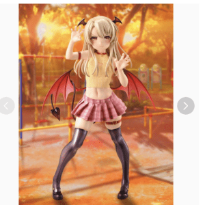 Anime-style female figure with bat wings in an autumn park, wearing a yellow top, pink plaid skirt, and knee-high boots, striking a pose at the camera.