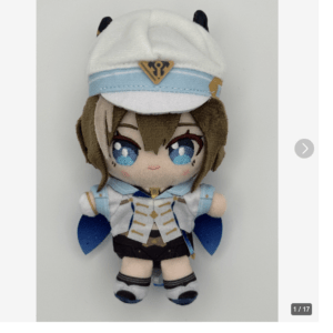 Soft plush doll of a chibi anime girl in a white-and-blue captain outfit with a white captain's hat and brown hair, blue eyes, and small pink smile.  Articulos Japan (Post Box Japan)