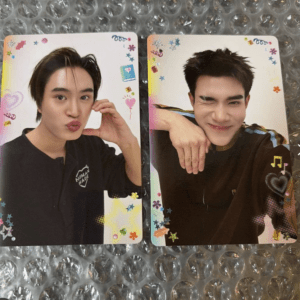 Two photo cards featuring a young man posing: on the left he puckers his lips in a kissy face, on the right he winks and smiles, both with colorful decorations around the edges.
