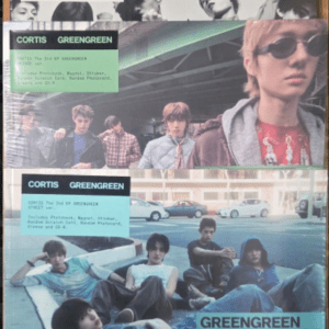 Collage of three vintage promo cards labeled 'CORTIS GREENGREEN' featuring band members in casual outfits, shown in black-and-white, urban, and outdoor parking-lot settings.
