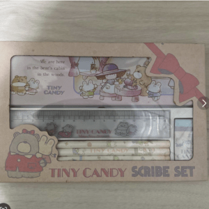 Boxed Tiny Candy Scribe Set with pastel pink packaging featuring bear characters, a ruler window, and drawing pencils inside.
