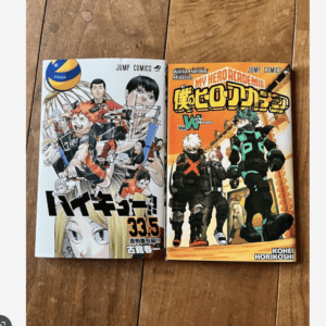 Two manga volumes on a wooden floor, left with multiple anime characters and Japanese title, right is My Hero Academia with an orange cover.
