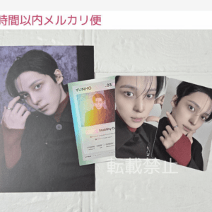 Collage of four portrait photos on a light textured background, featuring a colorful YUNHO card and three close-up shots of a man; pink Japanese text at top.