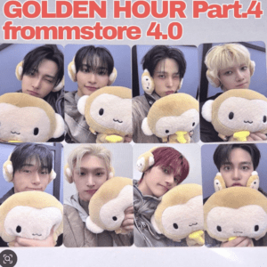 Collage titled 'GOLDEN HOUR Part.4 frommstore 4.0' showing nine selfies of young men posing with a large plush beige monkey toy.