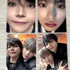 Four printed photo cards on a wooden surface: two close-up faces at the top and two group selfies at the bottom with two friends posing together.
