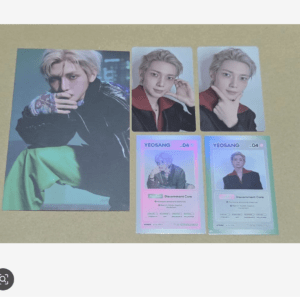 Large poster on the left shows a blonde man in a shiny black jacket and green pants; to the right are four smaller cards featuring the same person in different poses (two headshots and two trading cards).