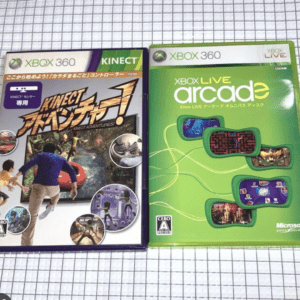 Two Xbox 360 game cases on a grid: left is Kinect Adventures!, with players jumping on a screen; right is Xbox Live Arcade green cover with arcade visuals.