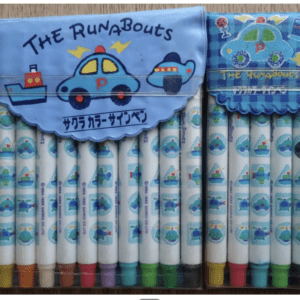 Two clear plastic cases filled with white marker pens and colorful cap ends, featuring 'The Runabouts' blue car artwork on the packaging.