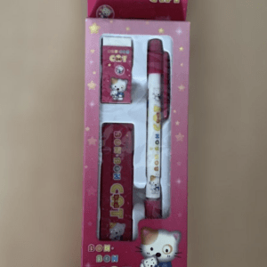 Pink Bon-Bon Cat stationery set in packaging, with a cat-themed pen, small notepad, and eraser covered in stars and cartoon cats.