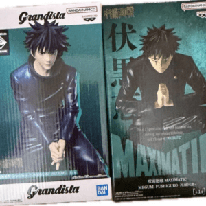 Two Grandista action-figure boxes featuring Megumi Fushiguro standing/posing side by side on a shelf collection edge.