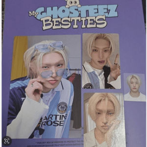 Purple poster collage titled 'My Ghostest Besties' featuring a blond person in different poses (sunglasses, peace sign) in blue and white outfits.