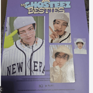 Purple collage poster titled 'My Ghost Teez Besties' with multiple photos of a young man in a gray beanie and clear glasses posing with a wink, peace sign, and different outfits.