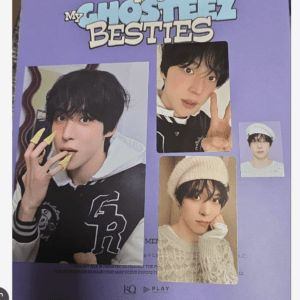 Purple box with a collage of four photos of a young man in different outfits; top text reads 'My GhostTeez Besties'. Left photo shows him holding yellow chips near his mouth. Right-side photos show him making a peace sign, wearing a knit beanie, and wearing a white hat.