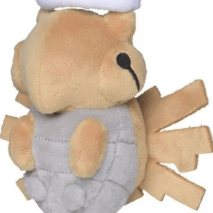 Soft teddy bear plush wearing a white chef hat and light gray apron.