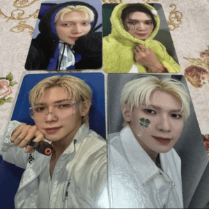 A four-panel collage showing the same person in different outfits: blue hooded image, green hooded image, white lab-style outfit with safety glasses, and a white jacket with a clover sticker on the cheek.
