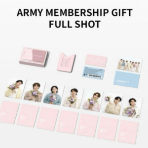 Full shot of an ARMY membership gift set: pink box, pink cardholders, blue and pink cards, and a row of portrait photo cards featuring a group.