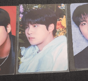 Three vertical photo cards of a young man with dark hair in different outfits: left in red background, middle with floral backdrop, right in a purple-toned setting.