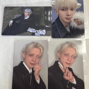 Set of four photo cards featuring a blonde-haired person in formal black attire posing in various portraits, including a full-body outdoor shot and three studio portraits with close-up and playful poses.