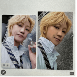 Person with blonde hair in a light blue school uniform and striped tie, holding a small hourglass beside their face (left image).