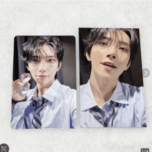 Two portrait photos of a young man in a light blue shirt and striped tie, placed side by side on a light background; the left photo shows him holding pink and white beads.