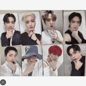 Nine-panel collage of male K-pop idols posing with chin touches and peace signs in varied outfits and hair colors.