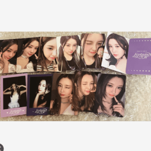Row of glossy photo cards featuring a young woman in various poses on a beige surface, with purple and pink frame borders on some cards.